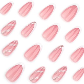 24 Pcs Press on Nails Short Almond Nail Tips,YEFIUO Pink Fake Nails Press ons White French Glue on Nails Acrylic Nail Art Kit Full Cover False Nails with Gold Foil Glitter Design for Ma'am Beginners