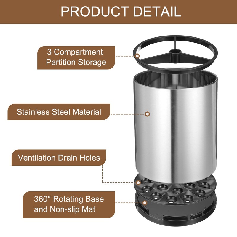 QUARKZMAN Kitchen Utensils Holder Stainless Steel 360° Rotatable Cylinder Divider