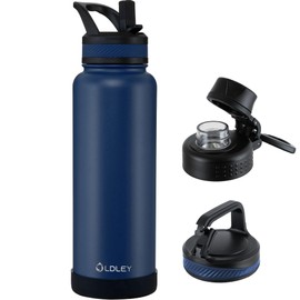 OLDLEY 40 oz Insulated Water Bottle With Straw, Stainless Steel Sports Water Cup Flask with 3 Lids(Straw, Spout and Handle Lid) Double Walled Travel Thermal Canteen Mug,Navy Blue