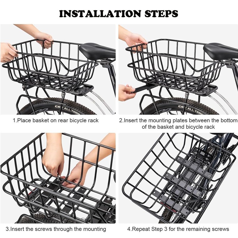 Rear Bike Basket, Black Metal Wire Bicycle Cargo Carrier with