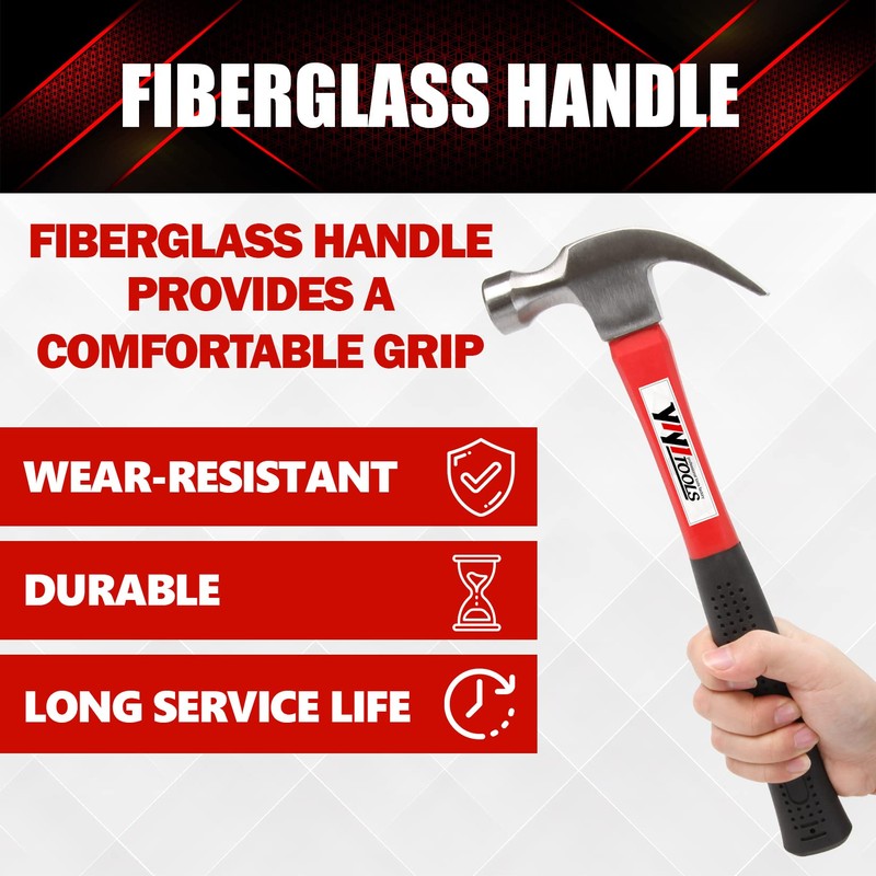 YIYITOOLS Claw Hammer With fiberglass Handle – 16-oz, Red and