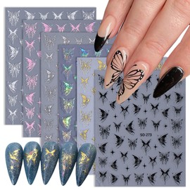 6 Sheets Laser Butterfly Nail Stickers, Holography Glitter Butterflies Nail Decals Design, 3D Self Adhesive Nail Art Stickers for Women Girls DIY Manicure Butterfly Nail Decoration Accessory Supply
