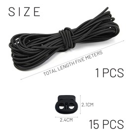 15pcs Black Plastic Cord Locks, 1pc 5m Black Elastic Cord, Drawstring Non-slip Cord Stopper, Double Hole Drawstring Anchor, Double Hole Spring Cord Lock, Suitable for Shoelace Backpack Sportswear
