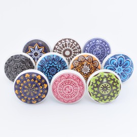ETHNICITI 10 x Round Multicolour Geometric Assorted Handmade Ceramic Door Knobs Cupboard Drawers Cabinet Wardrobe Assorted Vintage Shabby Chic Kitchen Bedroom Living Room Furniture Dresser Pull Handle