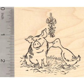 RubberHedgehog Christmas Pig and Duck Kissing under the Mistletoe Rubber Stamp K19410 WM