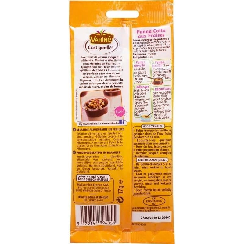 Vahine Feuilles de Gelatine French Gelatin Sheets 9 sheets