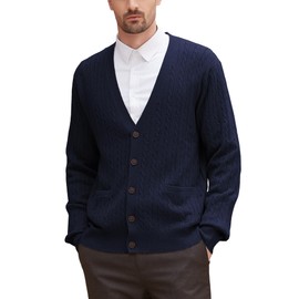 Kallspin Men's Cardigan Sweater Wool Blend Cable Knit V Neck Buttons Cardigan with Pockets(Navy Blue, Medium)