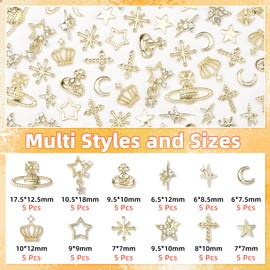 2 Boxes Gold Star Nail Charms and Gems, Dangle Stars Nails Charms Crown Cross Alloy Nail Gold Charm, Mixed Star Saturn Butterfly Nails Art Studs DIY Accessories Y2k with Pickup Tool