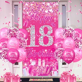 Pink 18th Birthday Decorations for Girls Women Pink Happy 18th Birthday Door Cover Banner & 18Pcs Happy 18th Birthday Balloons Decorations for Hot Pink 18th Birthday Anniversary Party Supplies