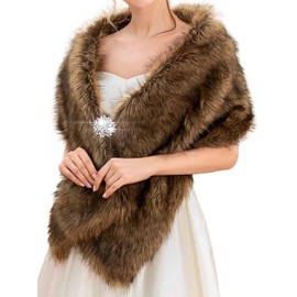 Unicra Women's Wedding Faux Fur Shawls and Wraps Bridal Fur Scarf Stoles with Rhinestones Brooch for Bride and Bridesmaids