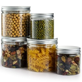 LSAIFATER 12PCS Small Clear BPA-Free Plastic Kitchen Food Storage Jars with Aluminium Screw Top, Slime Containers (6pcs x 350ml/12oz, 6pcs x 150ml/5oz, 15 pcs black chalkboard labels)