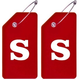 2 Pack Initial Bold Letter S Silicone Luggage Tag, Silicone Baggage Handbag School Bag Suitcase Instrument Tag with Stainless Steel Rings, Red