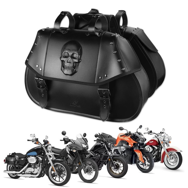 Quixofiber Motorcycle Saddlebags 34L Large Capacity PU Leather Side Saddle Bags Waterproof Universal for Harley Honda Yamaha Kawasaki (3D Skull,Black)