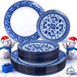 Hioasis 60pcs Blue Plastic Plates Set - Floral Blue & White Porcelain Design, 10.25" Dinner & 7.5" Dessert Plates Disposable for Christmas (Dishwasher Safe, Art Style)