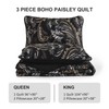 WONGS BEDDING Boho Quilt Set Queen,Black Paisley Floral Pattern Bedspread