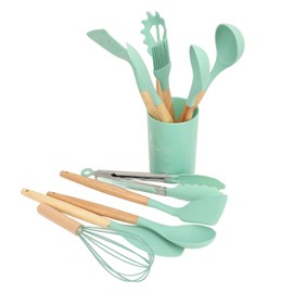 12PCS Kitchen Utensil Set Silicon Cooking Utensils Set with Holder Wooden Handle for Home Essentials Nonstick Cookware Green