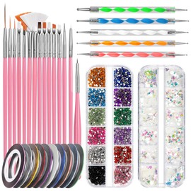 Fandamei nail art brush set, 15 nail brushes, 5 dotting pens, 10 rolls striping tape for nails, rhinestones, ultra thin nail sequins for nail art, manicure set