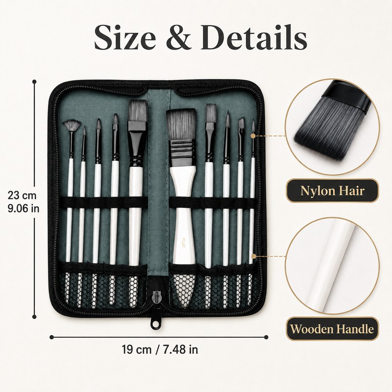 10-Piece Paint Brush Set for Acrylic & Watercolor - Nylon
