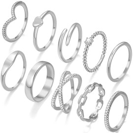 10 PCS Dainty 14K Sliver Rings for Women, Open Twist Simulated Diamond Criss Cross Designs, Perfect for Stacking Layering on Thumb and Knuckle Engagement Rings in Sizes 8