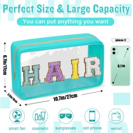 izuzta - Bolsa de maquillaje con parche de chenilla, con cierre, transparente, FACE-Pink & HAIR-Green