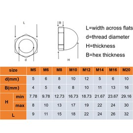 M5-0.8 Acorn Cap Nuts, M5 Acorn Nuts 304 Stainless Steel 18-8, Bright Finish, Full Thread,30Pcs