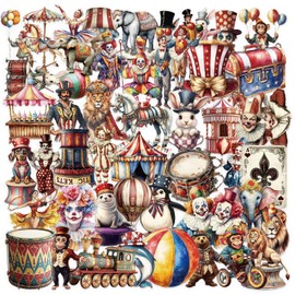 50pcs Transparent Vintage Circus Stickers for Kids,Cute Funny Clown Sticker Waterproof PET Stickers for Scrapbook Photo Album Collage Party Favors Animal Clown Sticker for Teens and Adults