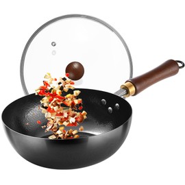 UMETRE Carbon Steel Wok Pan, 10.2 “ Woks & Stir-Fry Pans with Wooden Lid Cookwares, Nonstick Wok, No Chemical Coated Flat Bottom Hand Hammered Chinese Wok For for Electric, Induction, for All Stoves