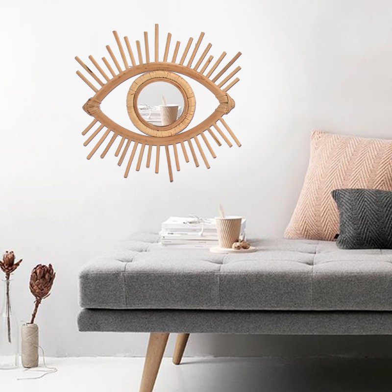 Nordic Makeup Mirror Rattan Woven Eye Shape Wall Hanging Mirror