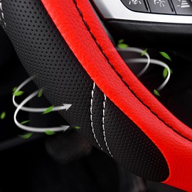 AUTOYOUTH Steering Wheel Cover Universal Fit for Car, Truck, SUV, Van, Breathable Long-Lasting Anti-Slip Microfiber Leather Car Steering Wheel Covers for Men Women 14 1/2 to 15 inch, Red and Black