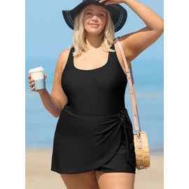 Aleumdr Women's Plus Size Swimsuit One Piece Swim Dress Modest Full Coverage Tummy Control Bathing Suit with Skirt Black 0X