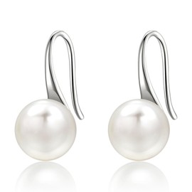 Pearl Earrings For Women, 925 Sterling Silver White Freshwater Cultured Pearl Drop Dangle Hook Earring Jewelry (Short White Gold Plated Sterling Silver, 0.31-0.33 inches)
