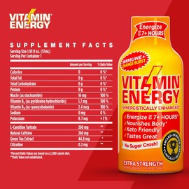 Vitamin Energy Extra Strength Energy Drink Shots | Natural Nutrients to Energize & Support Immune System | Sugar & Carb-Free | Immunity Formula | up to 7+ Hours | Orange Burst- 1.93 fl oz- Pack of 24
