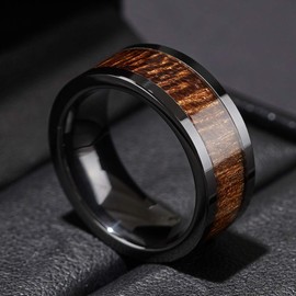 THREE KEYS JEWELRY 8mm Black Ceramic Wedding Ring with Real Koa Wood Inlay Flat Top Wedding Band Engagement Ring Comfort Fit Size 10