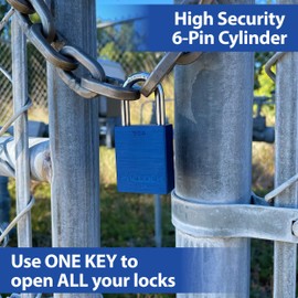 PACLOCK's 90A-Series Padlock, 2" Tall Hardened Steel Shackle, High Performance 6-Pin Cylinder, Keyed Differently w/ 2 Keys, Blue