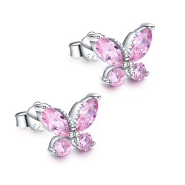 TANGPOET Butterfly Stud Earrings 925 Sterling Silver Hypoallergenic Kids Earrings, Cute Pink Butterfly Earrings, Valentines Day Birthday Gifts for Girls Daughter Kids