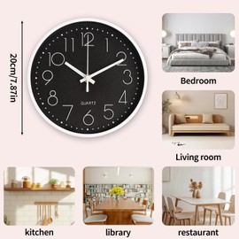 CIMOYBAI 20 cm Round Quartz Wall Clock, No Ticking Noise, 8 Inch Modern Quiet Wall Clock, Suitable for Office, Living Room, Kitchen, School, Children's Room (Black)