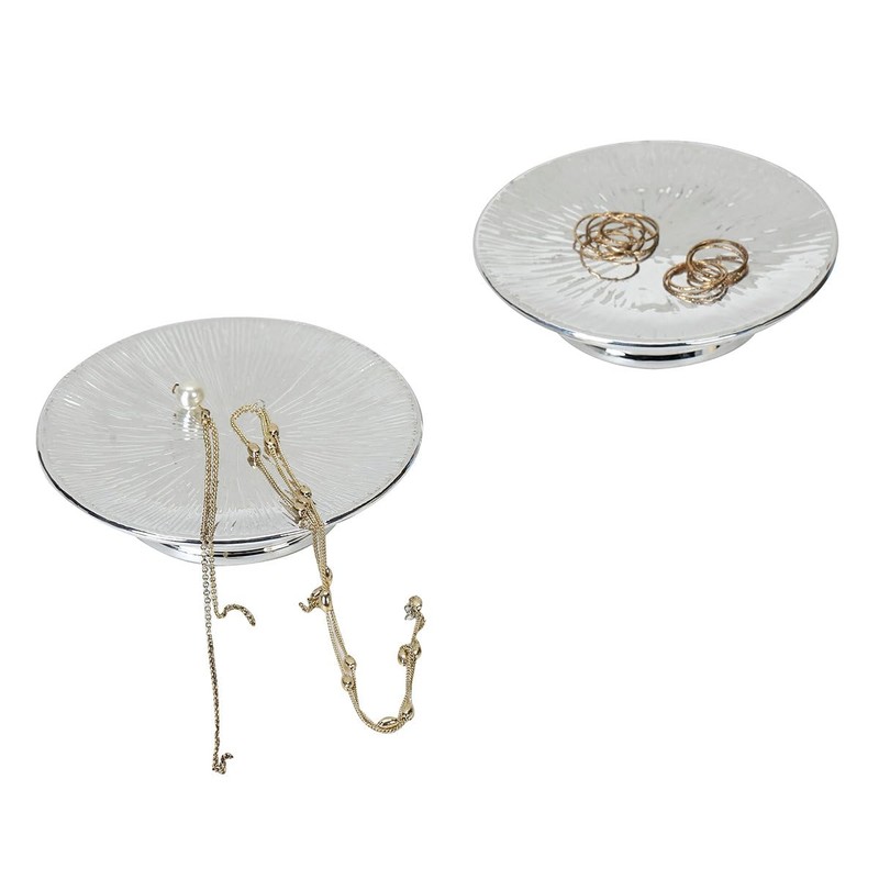 Metallic Silver Ceramic Candle Plate and Jewelry Dish Set of