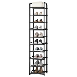 STO STO 10-Tier Narrow Shoe Rack with Sturdy Mesh Shelves, Slim Tall Metal Shoe Organizer for Entryway, Closet, Hallway, Holds 10 Pairs, Vertical Free Standing Shoe Storage Shelf, Black