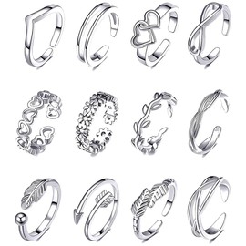 IUDWCG - 12 Pieces Stainless Steel Alloy Ankle Ring Women's Hypoallergenic Adjustable Ring Open Toe Tail Flower Ring Finger Set Jewellery Foot Ring, silver