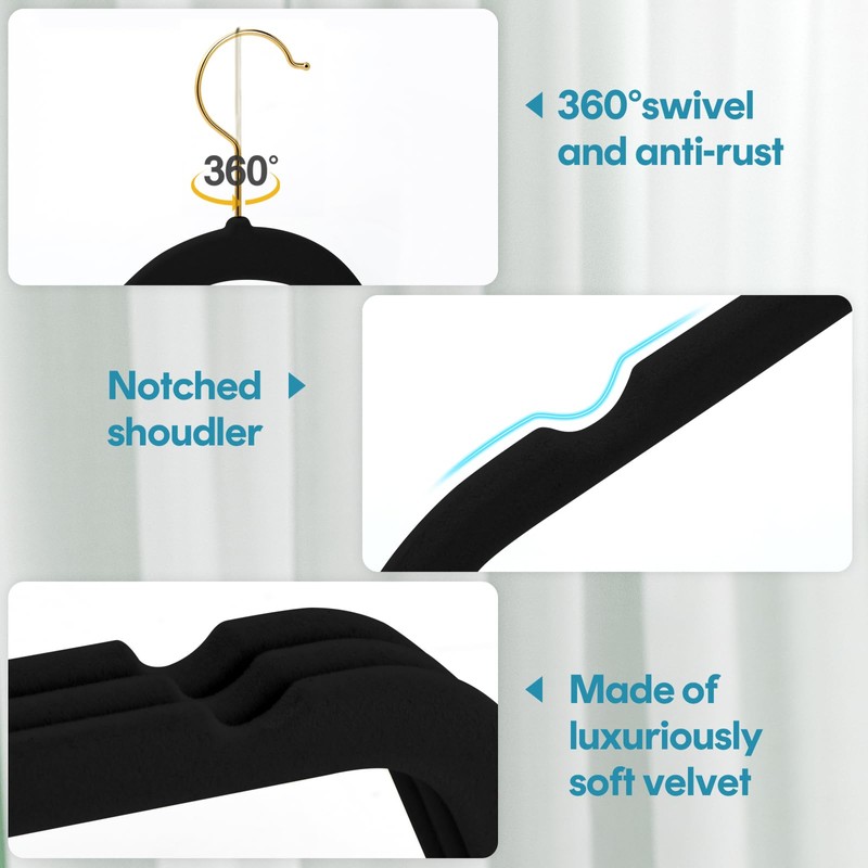 UNEED Black Velvet Hangers with Golden Hooks, 36 Pack -