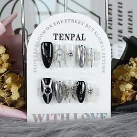 TENPAL Metallic Press on Nails Medium Almond,Punk Goth Fake Nails with 3D Butterfly,Glitter Y2K Metallic Geometric False Nails with Hand-Painted Waves,Soft Gel Black Silver Chrome Nails(M,Black)