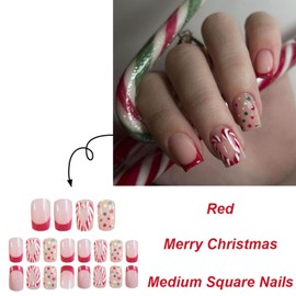 Christmas Nails Press on Nails Short French tip Fake Nails with Red Christmas Candy Canes Polka Dot Designs Full Cover Acrylic Square Cute False Nails Xmas Winter Stick on Nails for Women 24Pcs