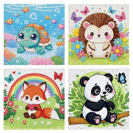 Diamond Painting Bambini 4 Pezzi – Kit Pittura Diamante 5D DIY con Animali Kawaii (Tartaruga, Riccio, Volpe, Panda), Diamond Painting Bambina Ragazzi, Kit Creativo Regalo per Bambini, 15×15 cm