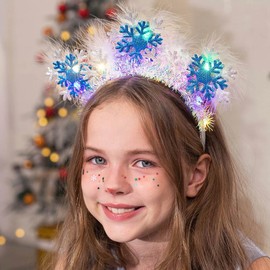 Johiux LED Christmas Headband Snowflakes, Luminous Christmas Hair Accessories with Feather Snowflakes, Christmas Headpiece, Christmas Headband for Children Adults for Christmas Party Gift