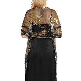QIUTIMIY 1920s Shawls and Wraps for Evening Dresses Formal Cover Up Long Women Sequin Flapper Shawl for Cocktail Prom Wedding(Style2-Black Gold)