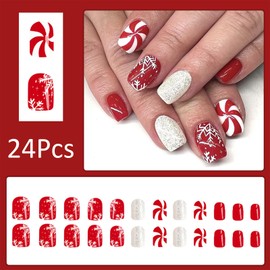 24Pcs Christmas Press on Nails Square Short Fake Nails White Glitter Snowflake Full Cover Acrylic False Nails with Snowflake Designs Glue on Nails Winter Xmas Decoration Artificial Nails for Women