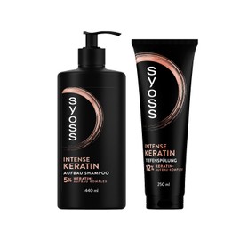 Syoss Keratin Shampoo (1 x 440 ml) for Weak & Brittle Hair, Smooths Hair Fibre & Deep Conditioner Keratin (1 x 250 ml) Rich Conditioner with Keratin Fights Frizz & Provides Shine