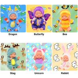 6 Pcs 3 Inches Mini Reborn Baby Doll Toy Action Figures Tiny Lifelike Realistic Baby Doll with Animal Clothes Fun Ornament Small Baby Doll for Toddlers Kids Xmas Gift