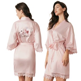 AW BRIDAL Floral Bridesmaid Robes Maid of Honor Robe Bride Robe | Silk Bridal Robes for Bride Gifts, Bridesmaids Gifts, Bridal Shower Gift, Wedding Gift, Bachlorette Gifts for Party, Blush, L