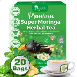 TOG999, Premium 20 Tea bags Super Moringa Herbal Tea, Special Blend of Moringa Leaves, Spearmint Leaves, Ginger, Lemon Peel and Chamomile. No Sugar, No Caffeine, No Gluten, Vegan.